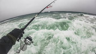 Striped Bass Fall Run Surf RAINING FREEZING WINDY Fishing - Smooch and Release Get Reel Bass Fishing