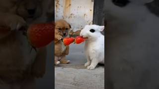 puppy and bunny eating strawberries