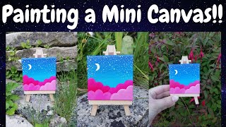 PAINTING A MINI CANVAS!!! How to Paint Clouds and Easily Blend Acrylic Paints For Beginners (SIMPLE)