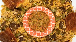 a delicious and amazing dish with green beans, meat and rice-Persian Green Bean Rice( loobia polo)