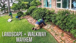 LANDSCAPE TRANSFORMATION. BRICK walkway TEAR OUT. Shrubbery REMOVED. Rock REPURPOSED. Sod installed.