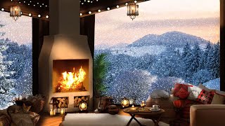 Cozy Winter Cabin with Crackling Fireplace in the Mountains | Relaxing Snowfall