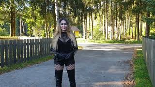 Granate Styling, walking outdoor, afternoon sun, thigh high boots, high heels, bodystocking, gloves