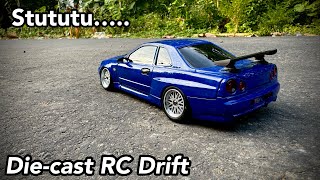 RC Drift biru die-cast Nissan Skyline GTR model skala 1:18 full propo dan gyro