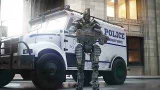 A Eobot Soldier Guards A Police Car - Free Stock Footage 4K Video