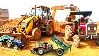 Jcb and Tractor Loading Red Mud In 2 Massey Ferguson Tractor and John Deere Tractor | Jcb Video