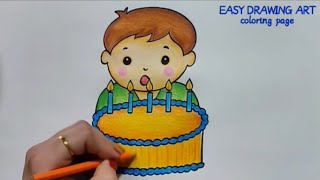 cute boy blowing cake candle drawing & coloring page || how to make birthday greeting  card drawing