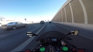 Dodge Challenger RT smashing on folks - ZX-6R trying to catch up