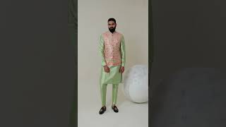 Light Green Kurta with Pink Embroidered Jacket For Men