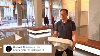 Watch Elon Musk carrying a SINK while Entering Twitter HQ 😂