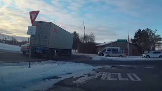 Dashcam: Semi truck hits car in roundabout and a bus hit a car