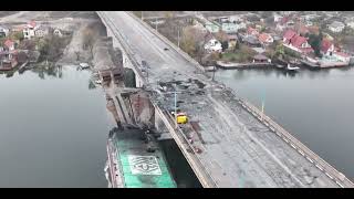 Drone view of the destroyed Antonovsky bridge in Kherson Oblast