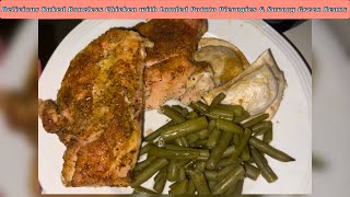 Delicious Baked Boneless Chicken with Loaded Potato Pierogies & Savory Green Beans