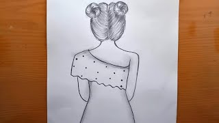 Desenho de uma menina com penteado com coque duplo || Esboço a lápis||Ideias fáceis de desenho