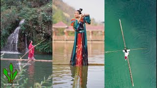 💖Hanfu lady 💖Stand & Dance on a floating bamboo 💖Amazing