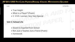 AP SA-2 2022 9th Class Physics, Biology, English, Maths Syllabus#education#9thclass#apeducation#sa2