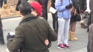 Darren Criss greets friend on Glee set