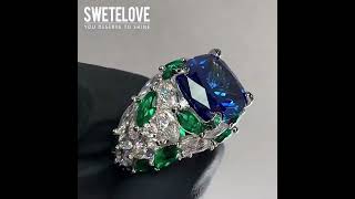 Vantage Sapphire Blue & Emerald Green Cushion Cut Sterling Silver Ring