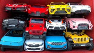 Box Full of Model Cars /Ferrari 488, Porsche Taycan, Toyota Supra, Bugatti La Voiture, GTR R35