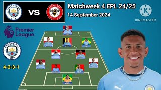 Manchester City vs Brentford ~ Potential Line Up Man City Matchweek 4 Premier League 2024/2025