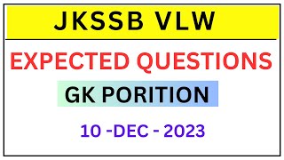 JKSSB VLW /Panchayat Secretary 10 Dec Full GK Expected Paper / JKSSB VLW Mock Test