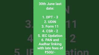 Last Date 30th June for DPT-3, Form-11, CSR-2, IEC & PAN n Aadhar Linking