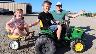 Riding on trailer behind kids tractor on the farm | Tractors for kids