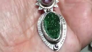 Green Uvarovite Garnet Druzy and Pink Tourmaline Sterling Silver Pendant on a chunky handmade chain