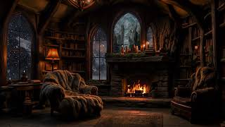 Cozy Hobbit Fireplace with Blizzard & Wind | Cozy Mountain Cottage with Fireplace & Snowstorm