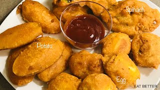 3 FRITTERS/Pakoda IN ONE BATTER || egg, potato,spinach fritters 3 different taste in one batter .