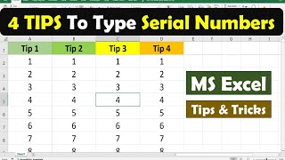 4 tips serial numbers in excel | how to type automatic serial numbers in excel | enter serial number