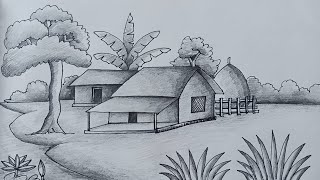 How to draw beautiful village scenery |  পেন্সিলে আঁকা গ্রামের ছবি