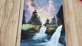 How to Draw a Waterfall under the Galaxy / Acrylic Painting Tutorial