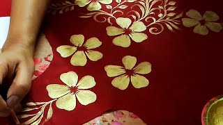 Convert Plain Dress into Designer Wear/Painting with goldencolor/#onestrokepainting/#fabricpainting