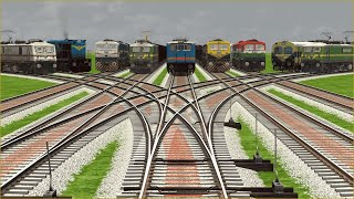 NINE TRAINS CROSSING ON HEAVY SINGLE BUMPY CURVED RAILROAD TRACKS | Train videos | trains