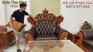 Bộ Sofa The King gỗ Gõ Đỏ kết hợp với Da Bò Thật 100% giá xưởng chỉ 140tr