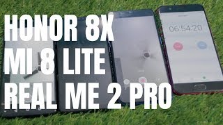 Real Me 2 Pro VS Honor 8x Vs MI 8 Lite Battery Drain & Charging Test Hindi