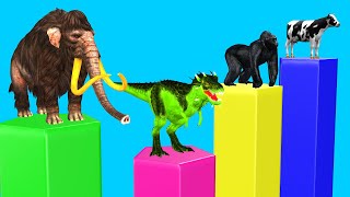 Wild animal running race with cow gorilla dinosaur mammoth elephant animal games videos