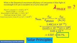 What is the theoretical maximum efficiency of conversion if bluelight of wavelength 0.45