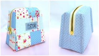 ボックスポーチ作り方  25cmファスナー使用　How to sew a zipper box pouch 裏地付き ぬい代を包む必要なし　台形型