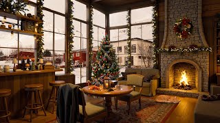 Cozy Ambience of Christmas Cafe🎄Soft Jazz With Snowfall, Fire Sounds For Relaxation