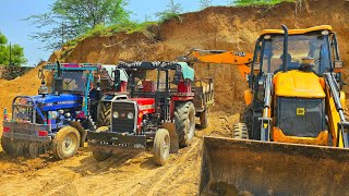 Jcb 3DX Eco Excellence Backhoe Machine Loading Sand In Farmtrac and Massey Tractor with Trolley |