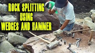 Traditional Rock Splitting: Big Volcanic Rock Splitting Using Wedges and Hammer