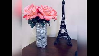 Dollar tree DIY/ rhinestones vase/how to make vanity bling vase without hot glue gun/flower vase diy