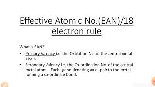 EAN | Effective Atomic Number | 18 electron rule