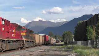 CP and KCS EMDs lead a CP manifest in Canmore, AB