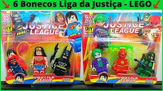 6 Bonecos Liga da Justiça- LEGOS -Batman,Flash,Coringa,Mulher Maravilha,Superman,Arqueiro Verde - DC