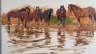 Oil painting process of Clydesdales at the waters edge.