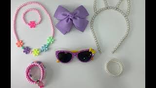 VIDEO KIT 07 INFANTIL COM 6 PEÇAS COLAR, PULSEIRA, LAÇO, ÓCULOS, TIARA LILÁS COM ROSA MENINA GIRL