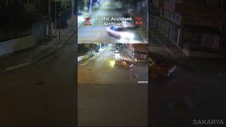 Nighttime Car Crash at Intersection - Two Cars Collide Ignoring Red Light